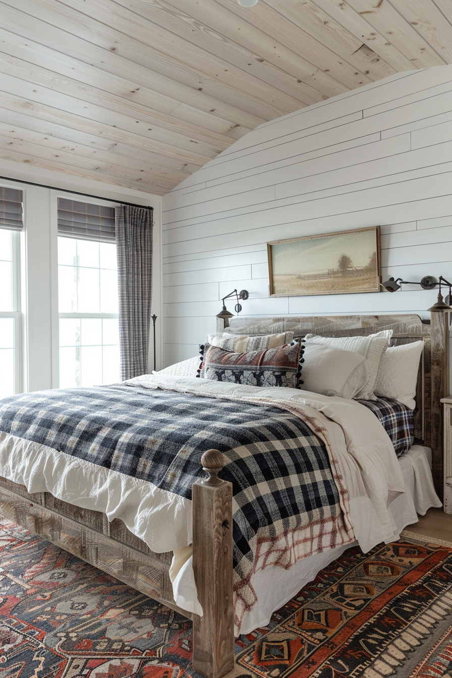 Cozy bedroom with a plaid blanket on a wooden bed, white shiplap walls, rustic decor, and an oriental rug.