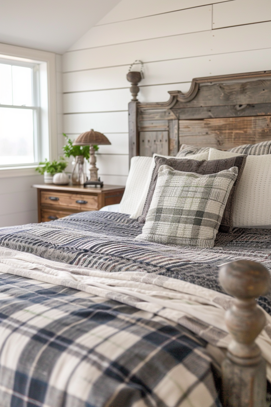 A cozy bedroom with a plaid-patterned bedspread, decorative pillows, and a rustic wooden headboard.