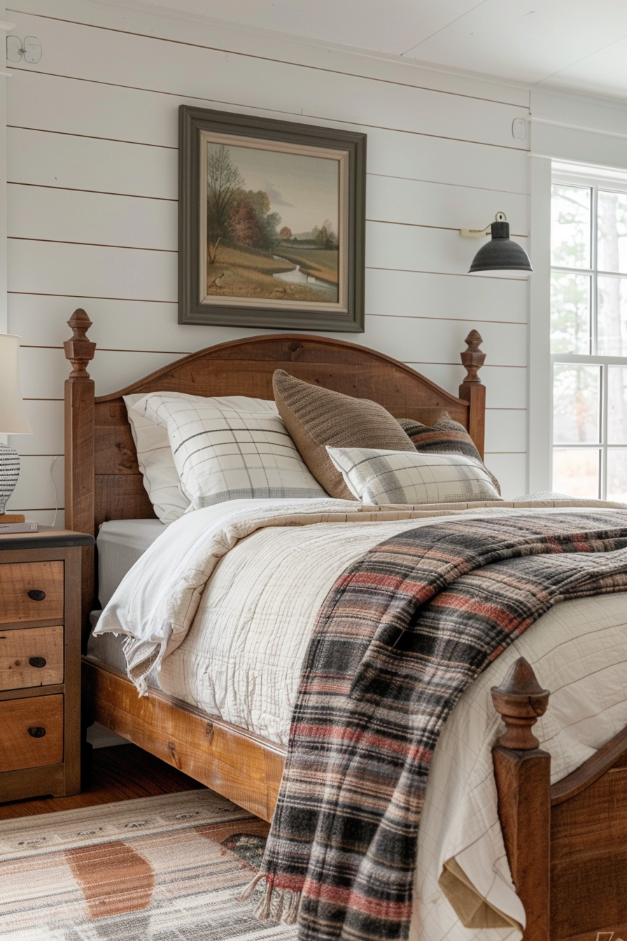 Cozy bedroom with wooden bed frame, plaid blanket, and framed landscape painting on a shiplap wall, illuminated by natural light.