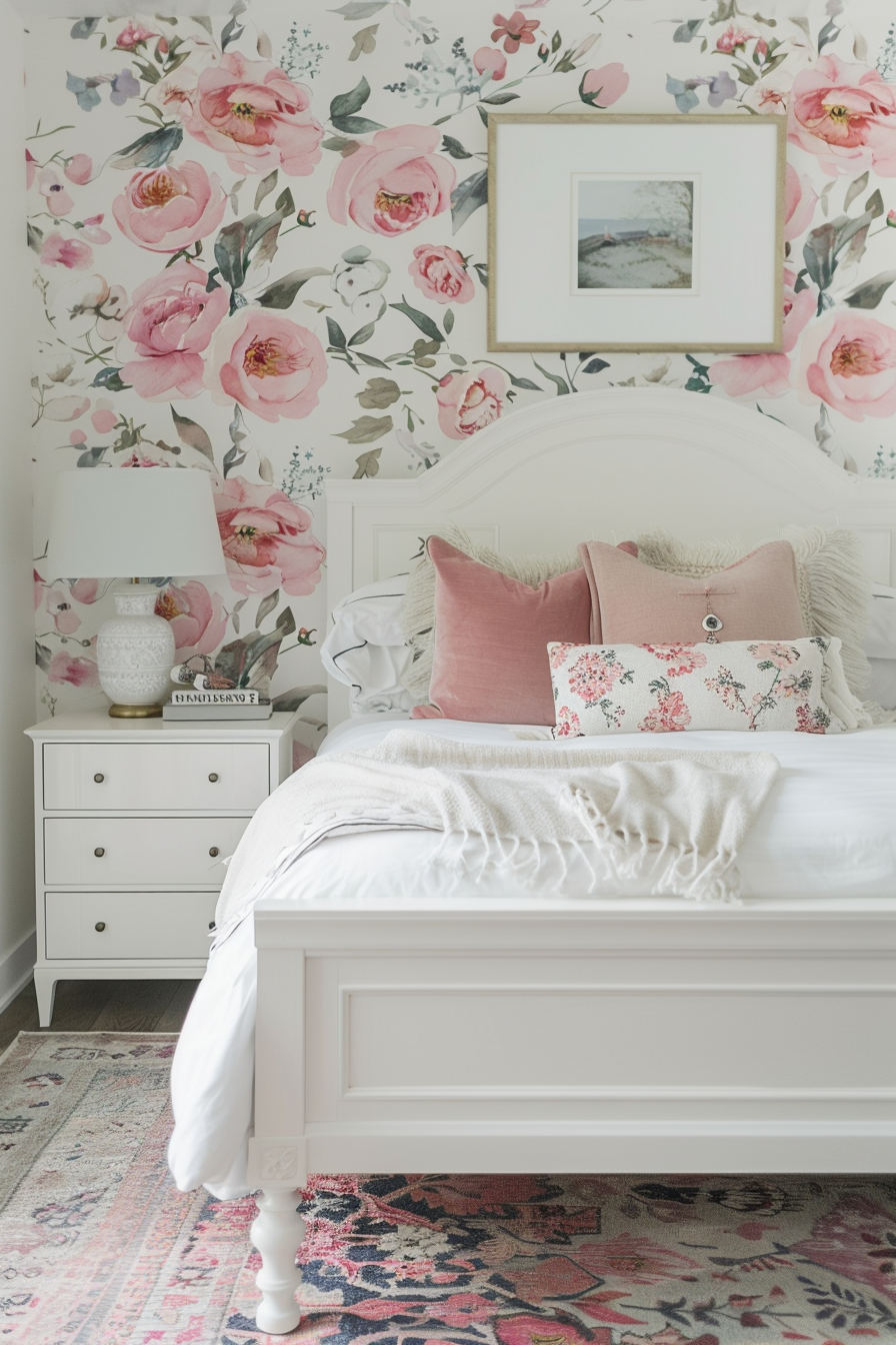 A cozy bedroom with floral wallpaper, white furniture, and decorative pink pillows on the bed, complemented by a white lamp.