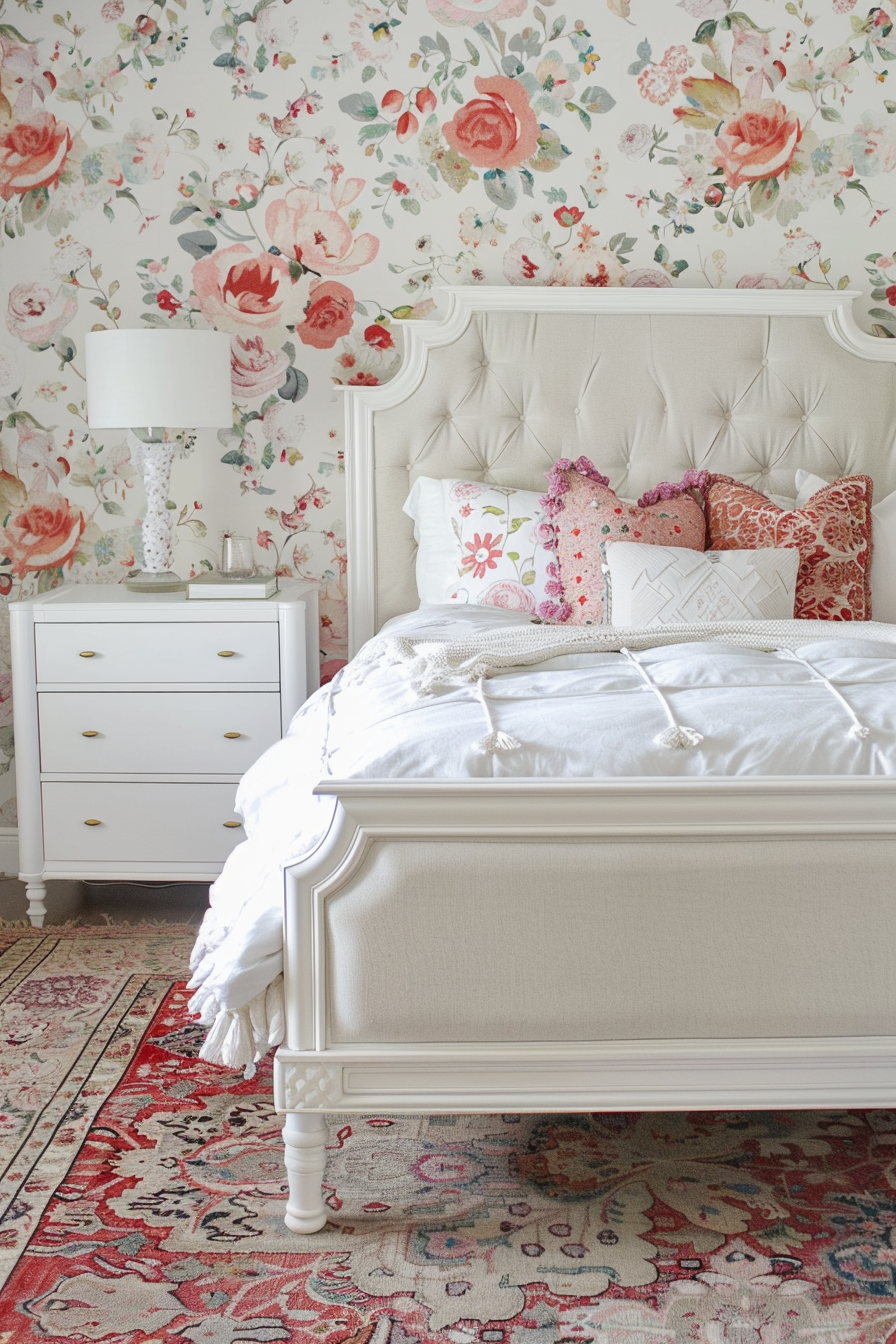 Elegant bedroom with a floral wallpaper, tufted headboard, white bedding, decorative pillows, beside a white nightstand and lamp.