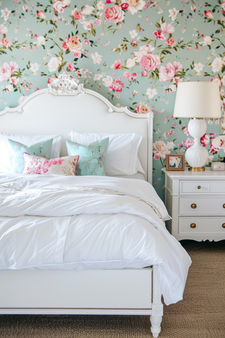 Elegant bedroom with white bedding on a classic bed frame, floral wallpaper backdrop, and a white nightstand with a lamp and decor.