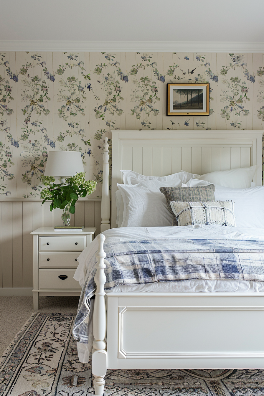 A cozy bedroom with floral wallpaper, white beadboard, a framed picture above the bed, and a blue and white checkered quilt.