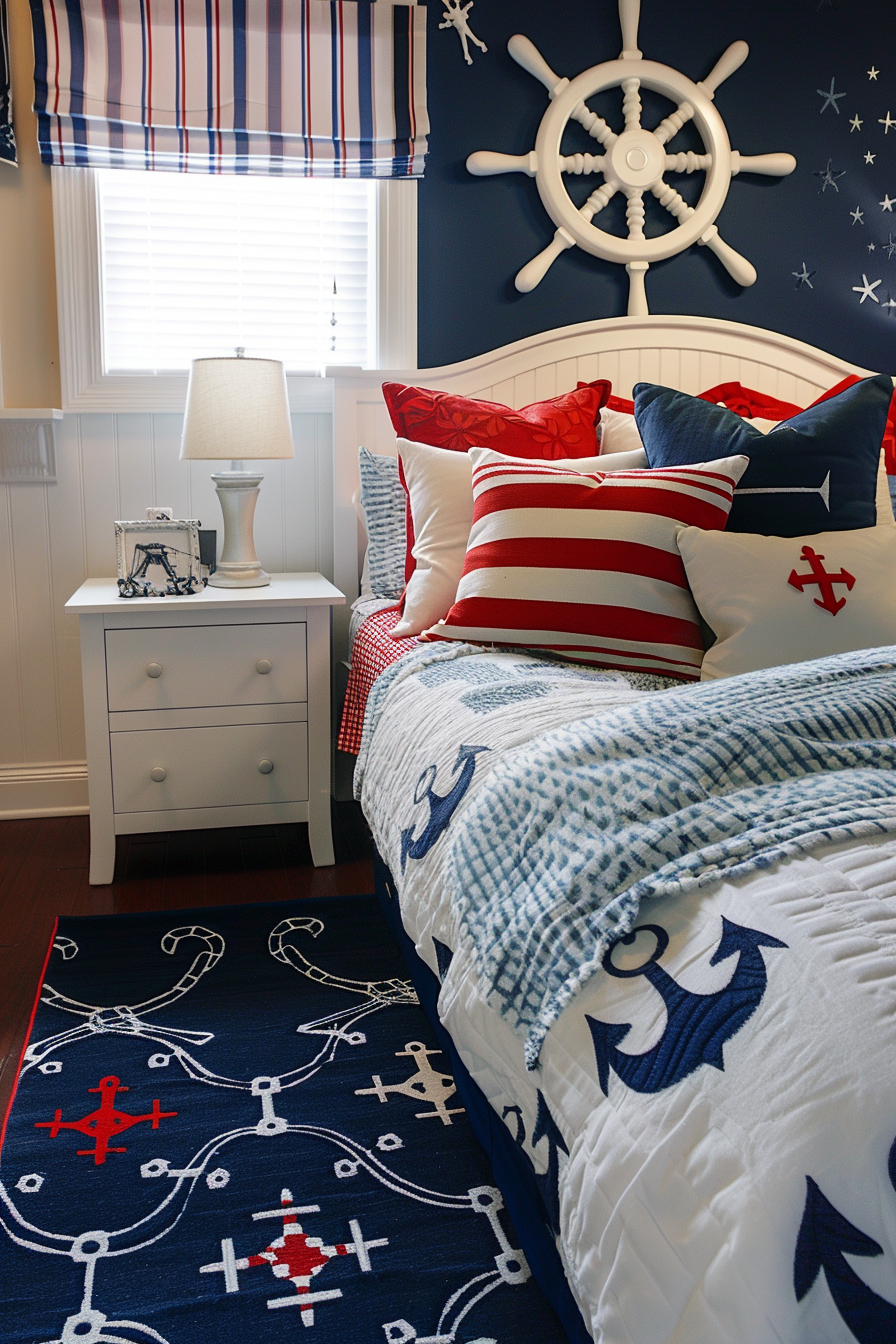 A nautical-themed bedroom with a ship's wheel on the wall, anchor-patterned rug, striped bedding, and a blue and red color scheme.