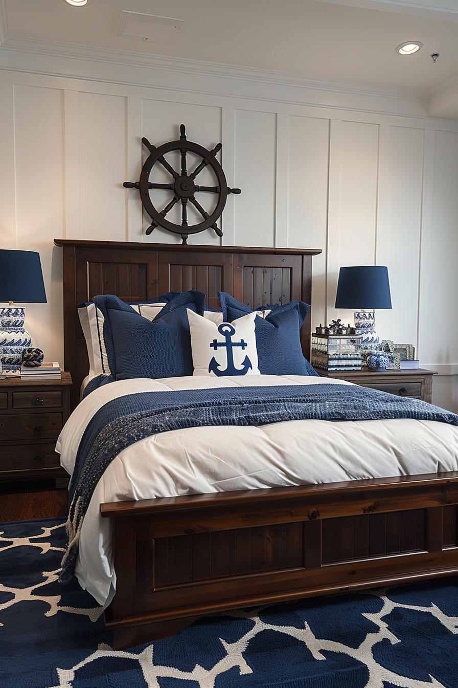 Nautical-themed bedroom with a wooden ship's wheel above the bed, blue and white bedding, and naval decor accents.