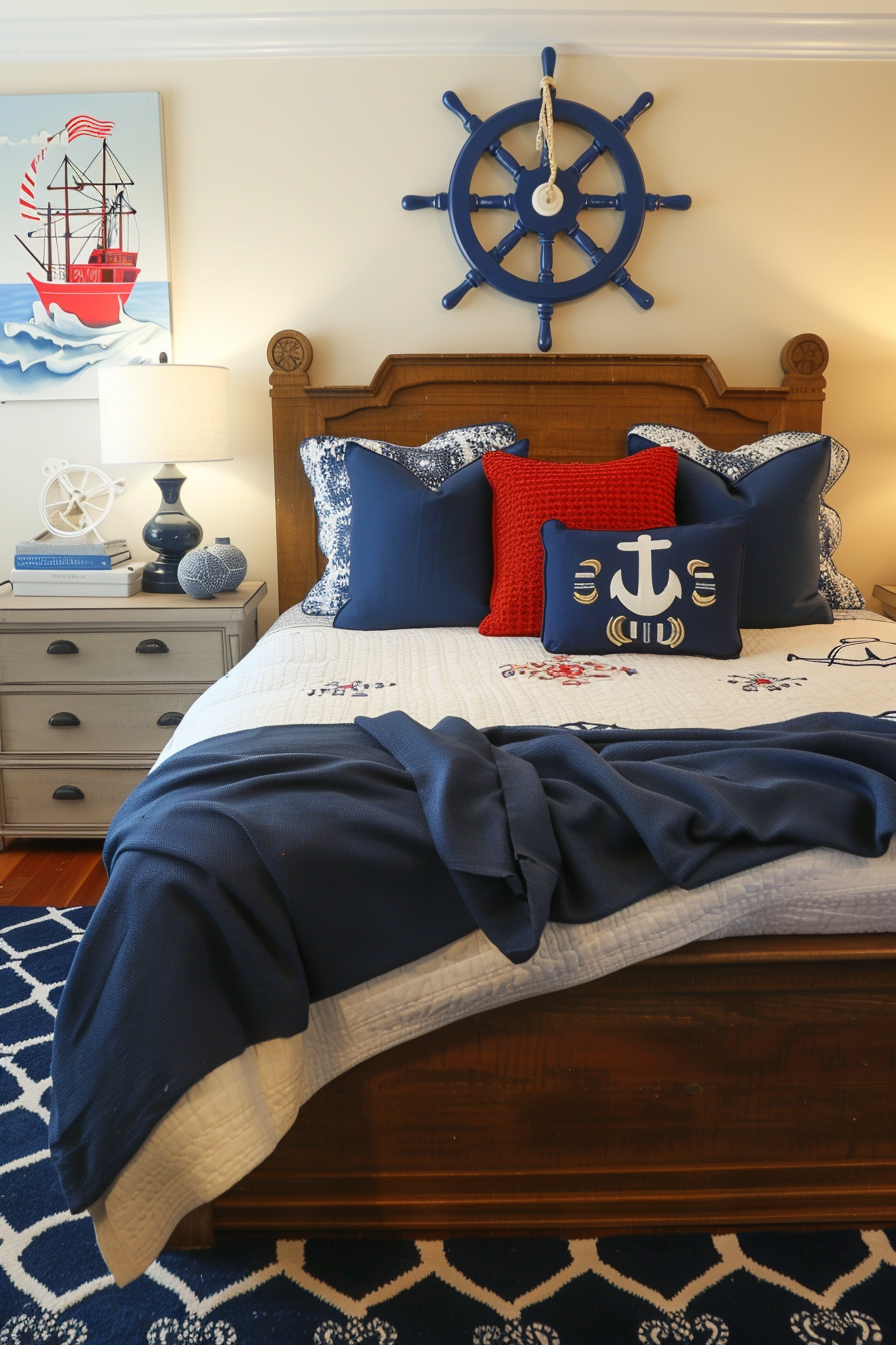 A nautical-themed bedroom with a ship wheel on wall, sailboat painting, and navy bedding with maritime decorative pillows.