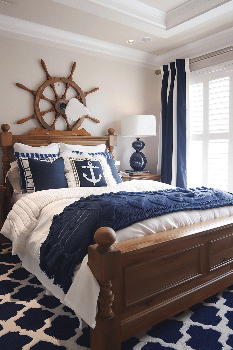 Nautical-themed bedroom with ship wheel above the bed, navy blue accents, and anchor-motif pillows.