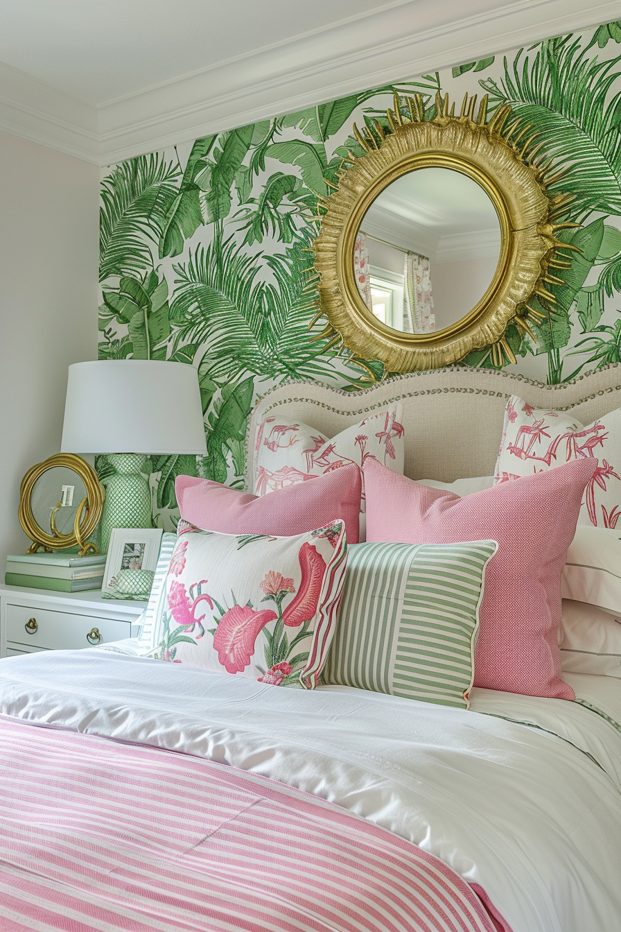 An elegantly styled bedroom with tropical wallpaper, gold mirror, and pink and green decorative pillows on a striped bedspread.