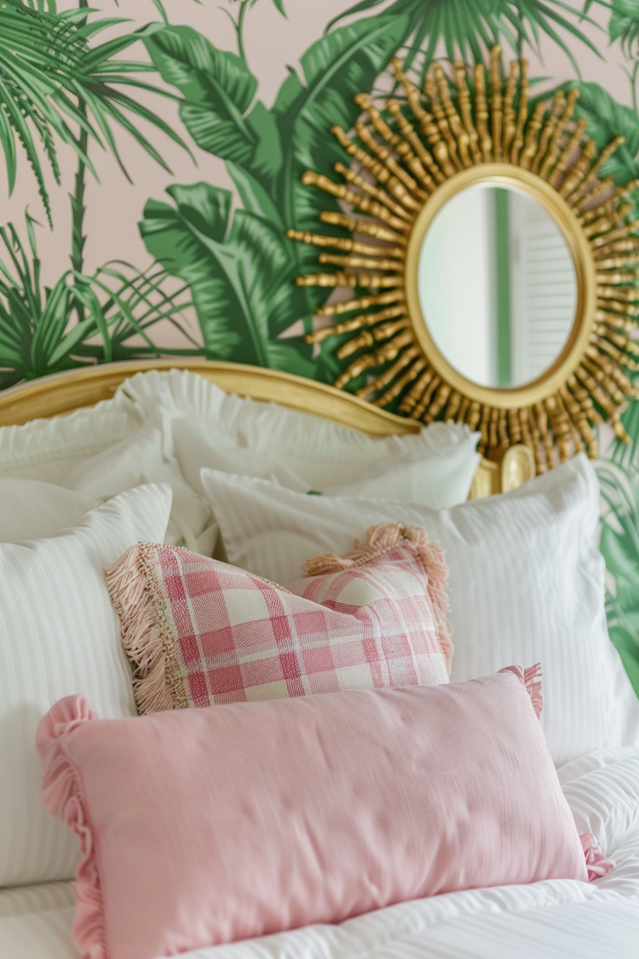 Elegantly styled bedroom with plush white bedding, pink accent pillows, and a sunburst mirror on a tropical wallpaper background.