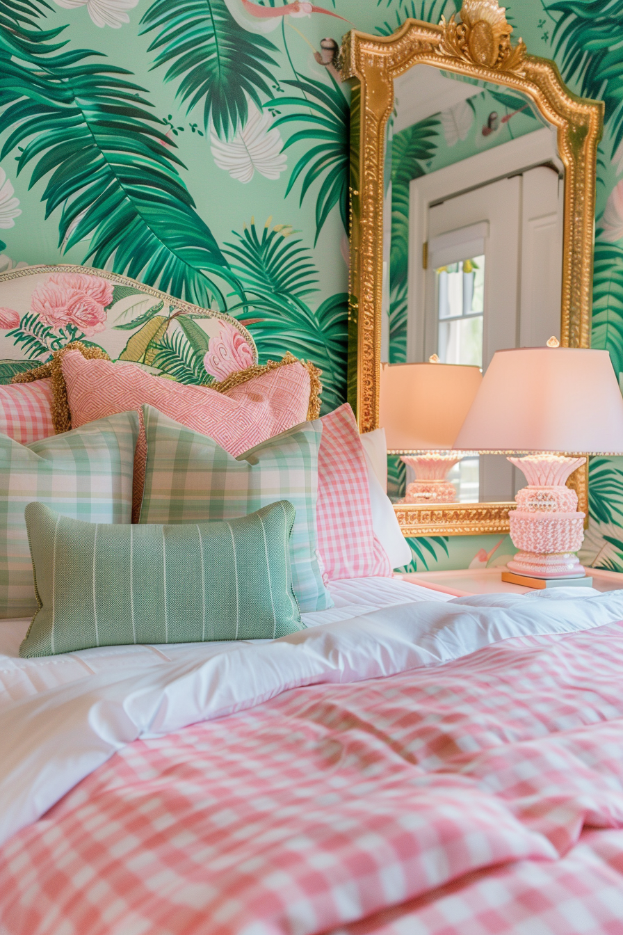 Colorful bedroom with tropical wallpaper, gingham pillows, ornate gold mirror, and pink lamp on nightstand.