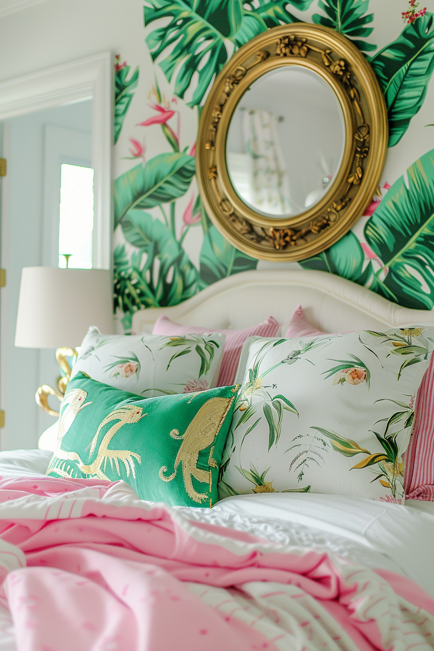 A vibrant bedroom with tropical print wallpaper, decorated pillows, pink bedding, and an ornate gold mirror.