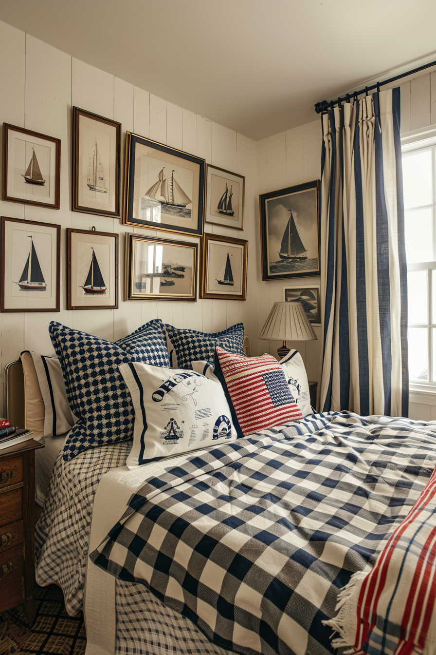 Cozy nautical-themed bedroom with checkered bedding, sailboat pictures on the wall, and striped curtains.