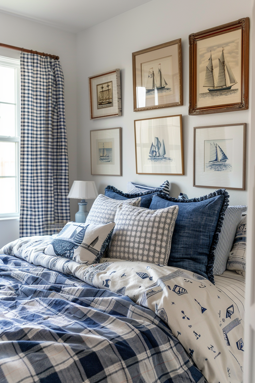 A nautical-themed bedroom with plaid bedding, marine-inspired pillows, and a gallery wall of framed sailboat illustrations.