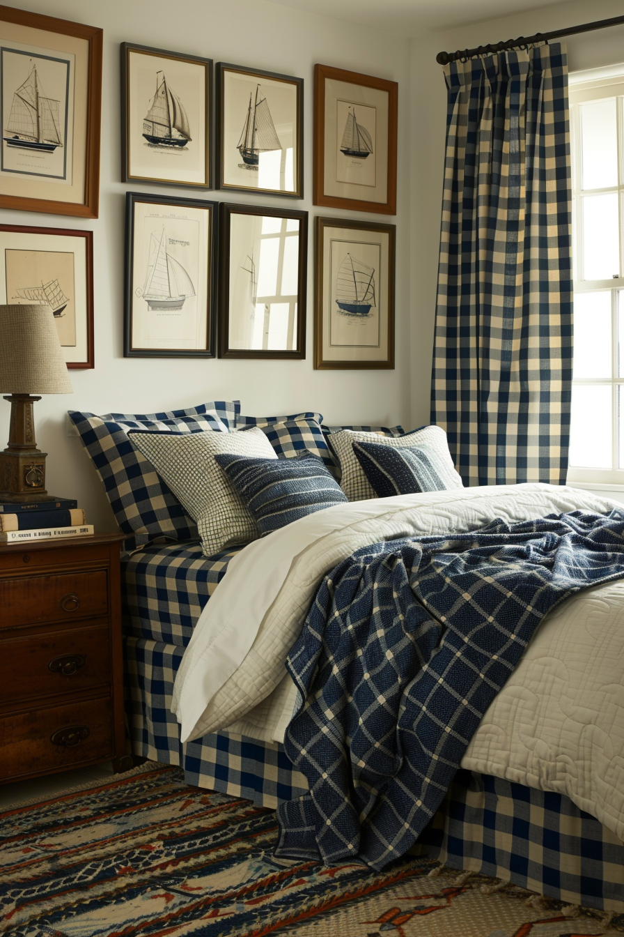 A cozy bedroom with blue and white plaid bedding, wooden bedside table, nautical framed art, and gingham curtains.
