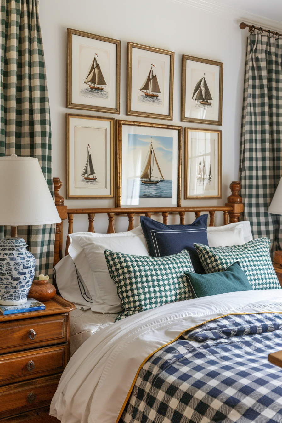 A cozy bedroom with a nautical theme, featuring sailboat artwork above the bed, plaid curtains, and patterned pillows and bedding.