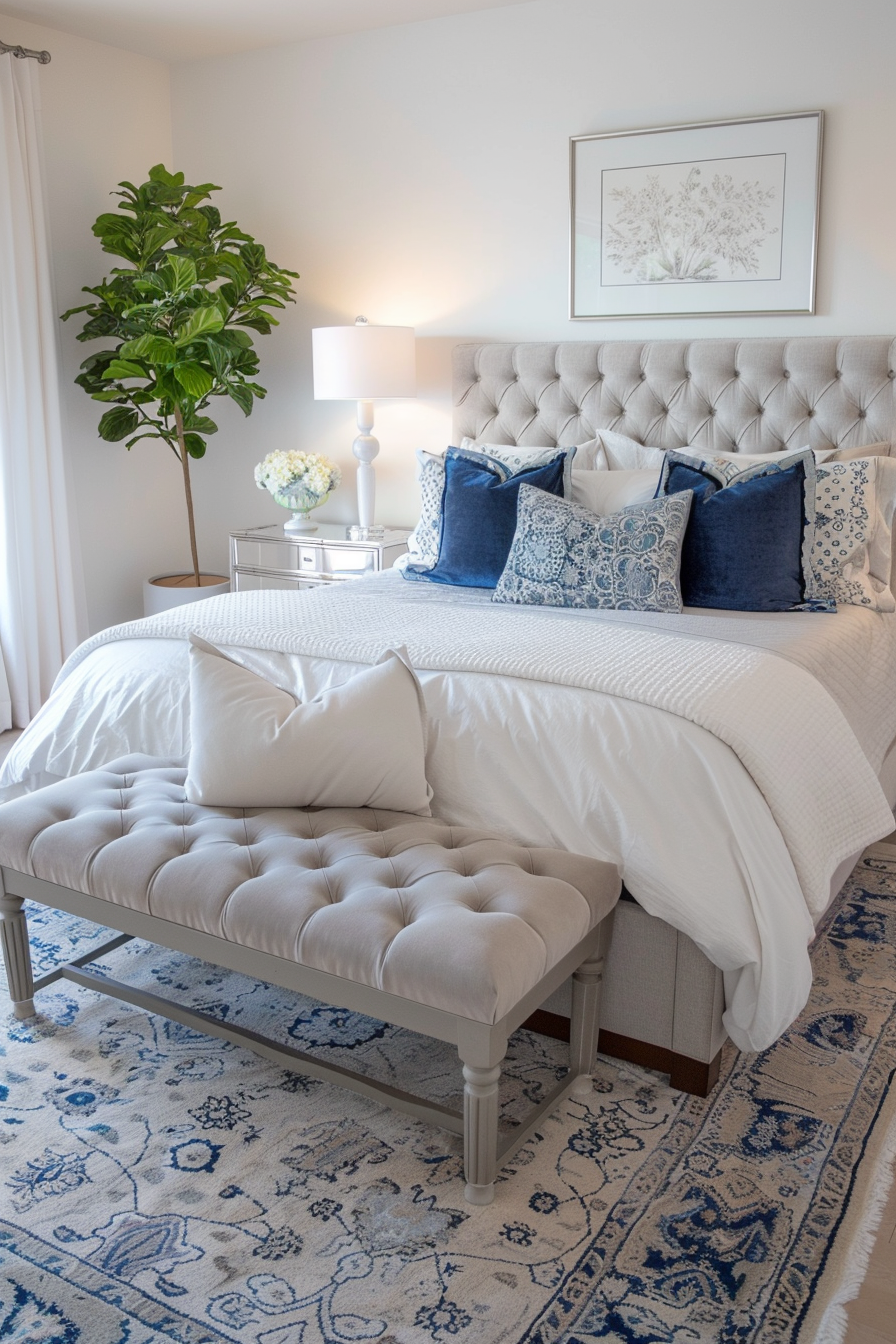 Elegant bedroom with a tufted headboard, white and blue bedding, a bench at the foot, ornate rug, beside a plant and table lamp.