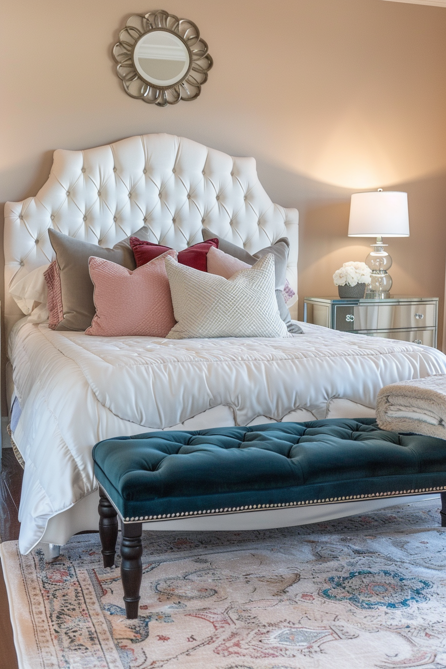 A cozy bedroom featuring a tufted white headboard, assorted pillows, a mirrored bedside table, lamp, and a teal bench at the foot of the bed.
