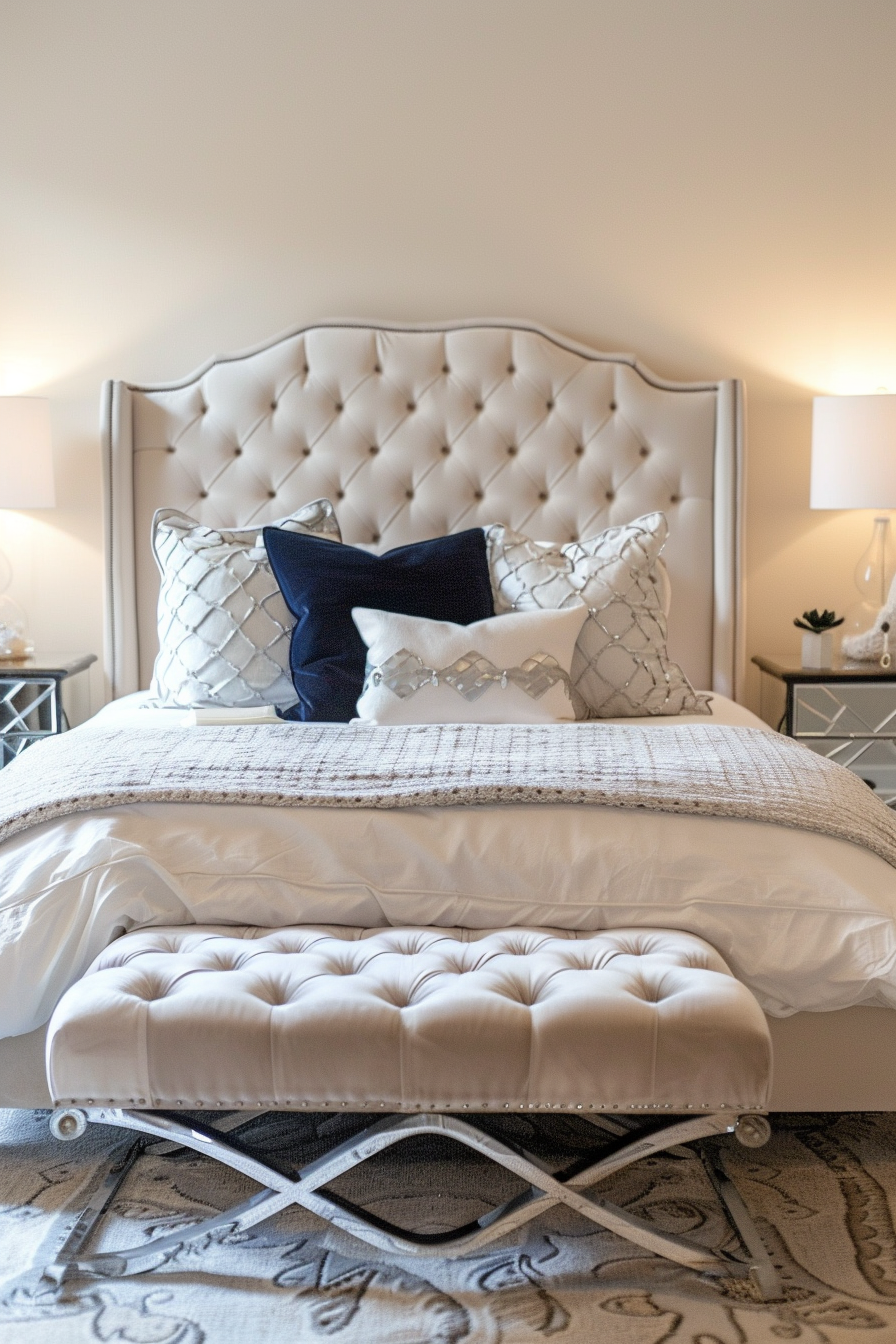 Elegantly made bed with white tufted headboard and matching bench, accented with decorative pillows, under warm lighting.
