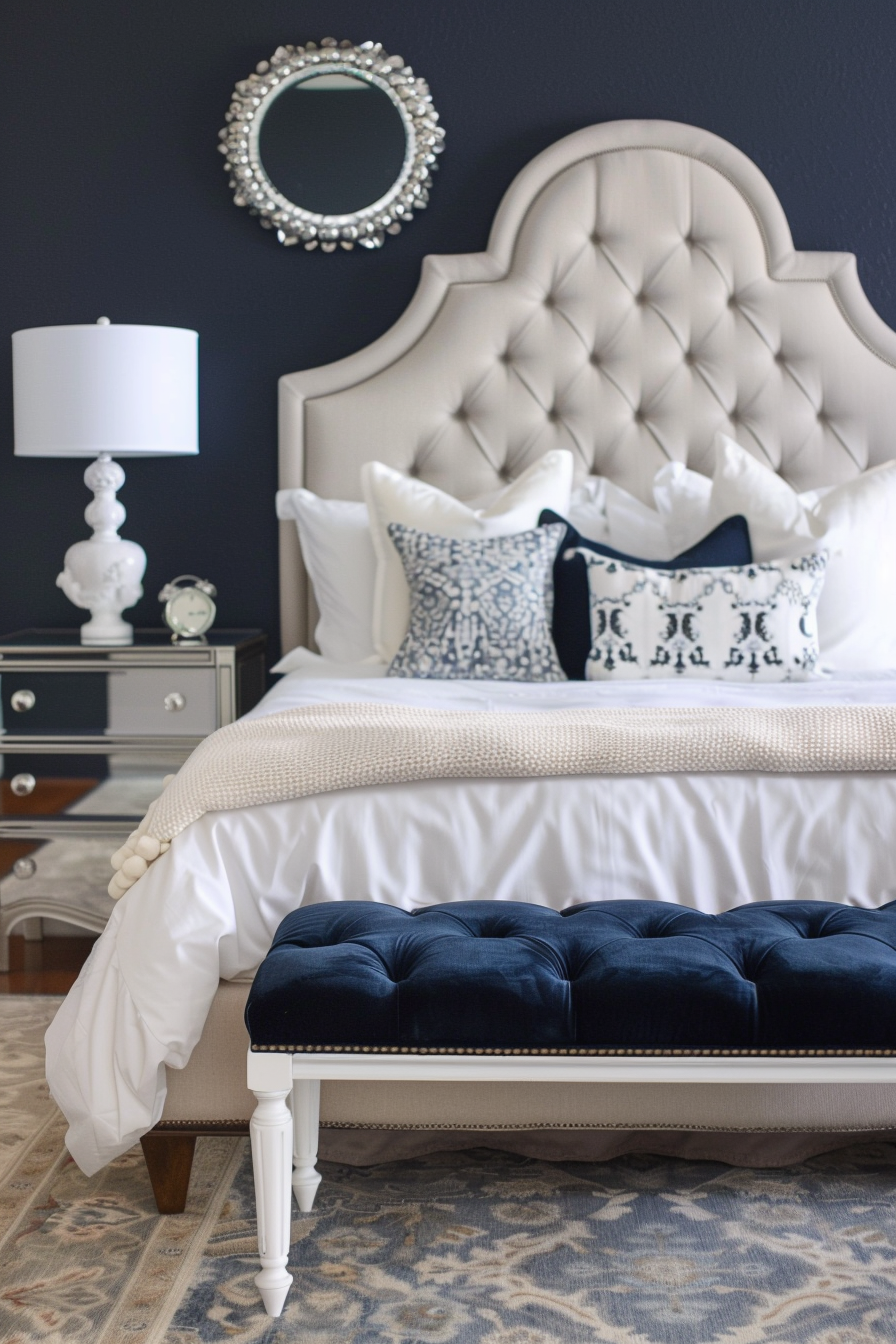 Elegant bedroom with a tufted headboard, white and navy bedding, a decorative mirror, and a tufted bench at the foot of the bed.