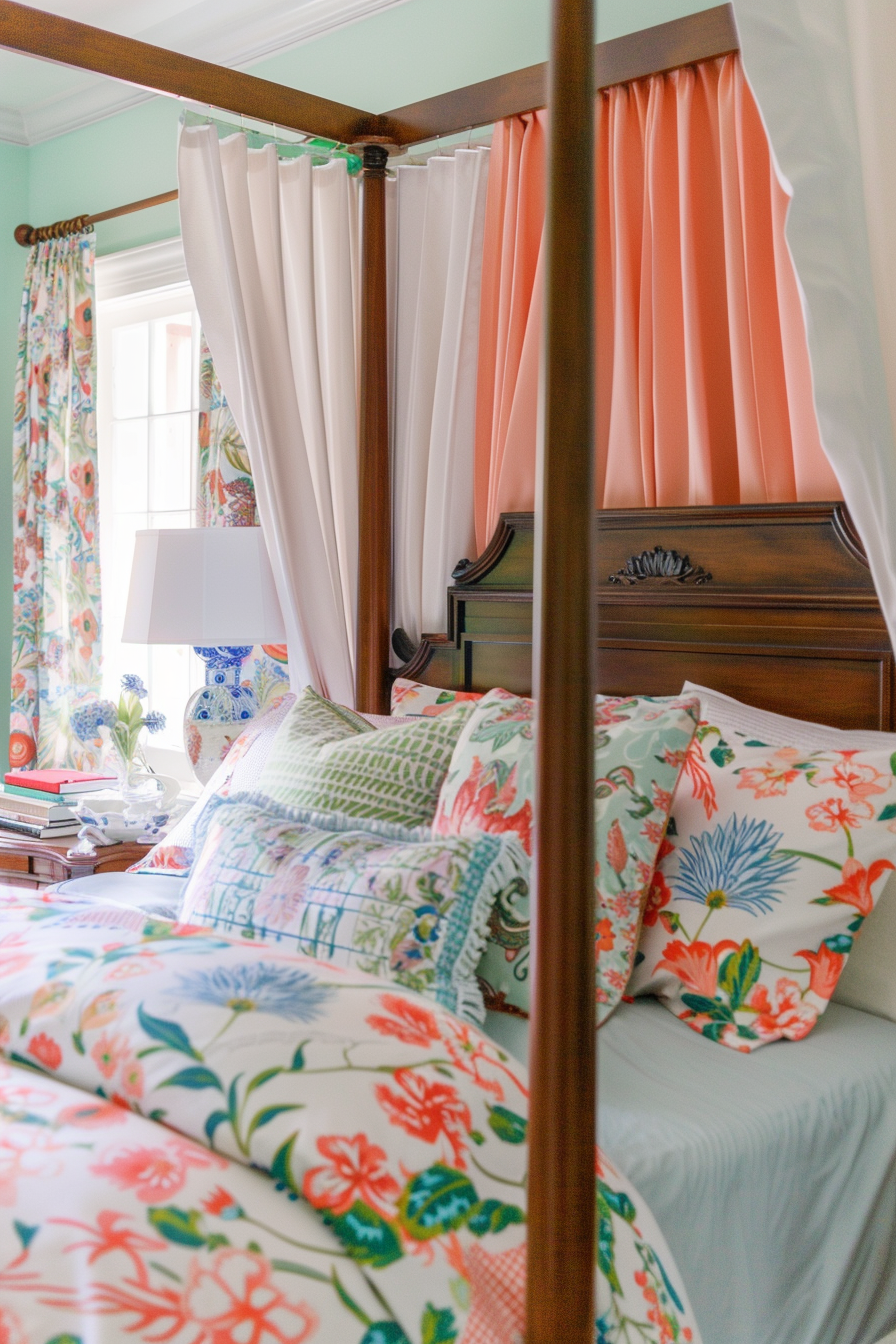 A cozy bedroom with floral bedding and curtains, a four-poster bed, and a lamp on a bedside table.