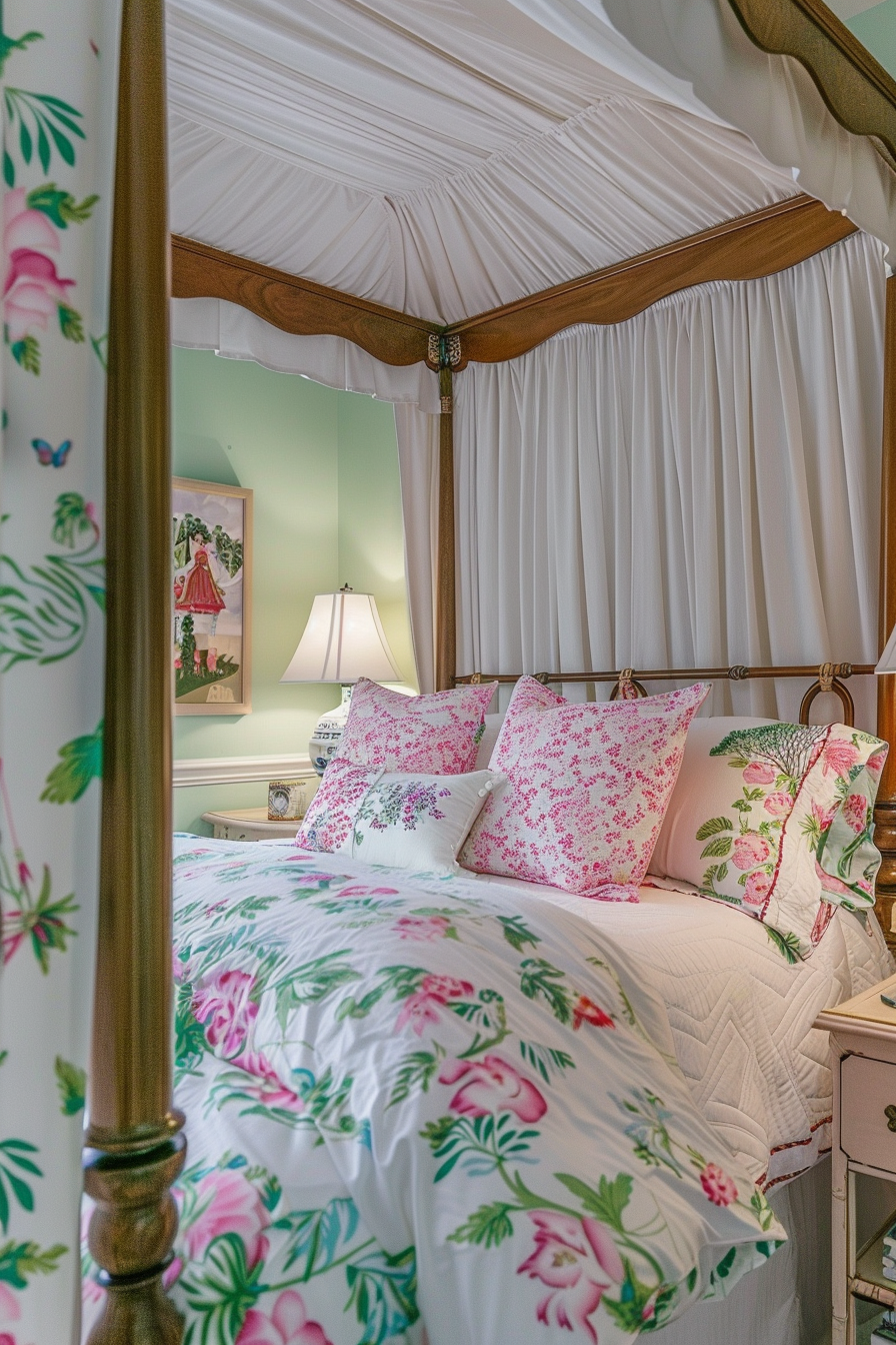 A cozy bedroom featuring a four-poster bed with white drapery and floral bedding in pinks and greens.