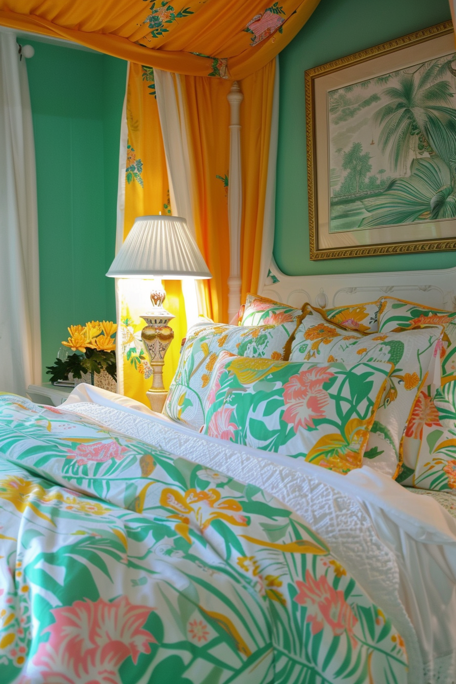 A bright bedroom with tropical-themed bedding, yellow curtains, a table lamp, and a framed palm tree artwork on a mint wall.