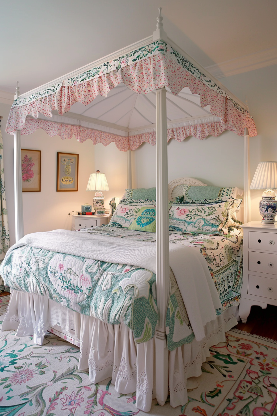 An elegant bedroom with a white four-poster canopy bed adorned with floral patterned bedding and matching curtains.