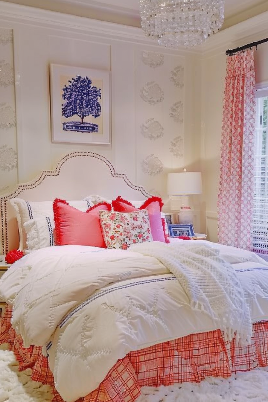 Elegant bedroom with a white tufted headboard, crystal chandelier, and vibrant red decorative pillows on a white bed.