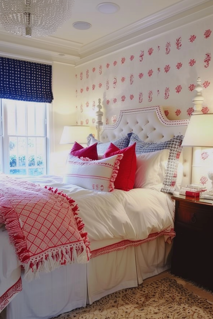 Elegant bedroom with a white tufted headboard, red and white bedding, floral wallpaper, and a crystal chandelier.