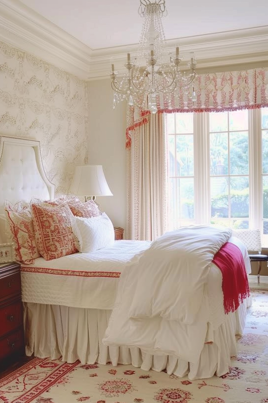 Elegant bedroom with a white and red color scheme, featuring a crystal chandelier, patterned wallpaper, and a large window with curtains.