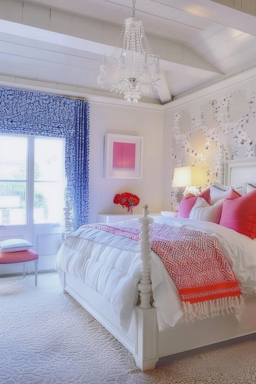 A bright bedroom with white walls, a chandelier, blue curtains, and accents of pink and red decor.