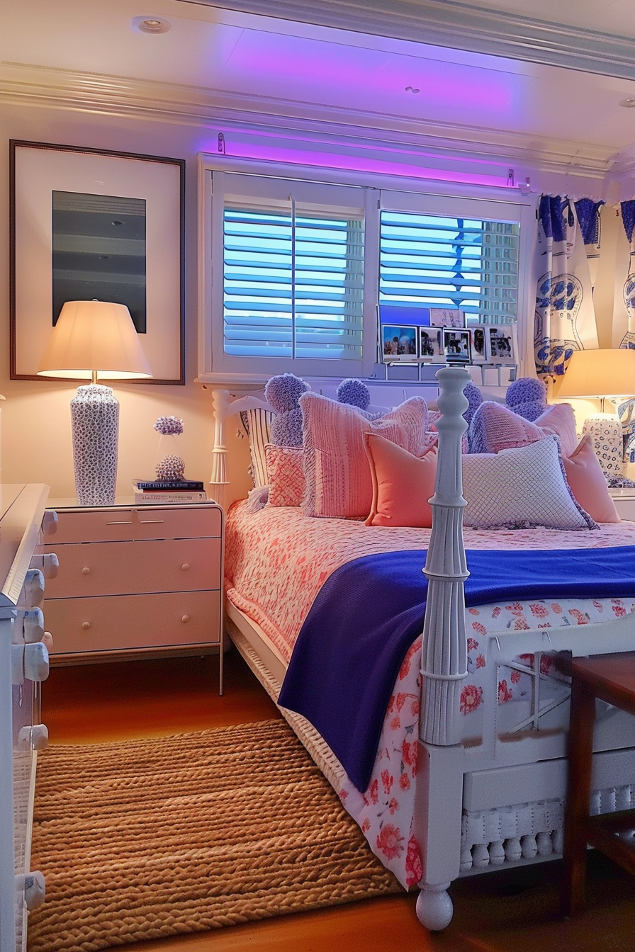 A cozy bedroom with ambient lighting, pink and blue accents, plush pillows, and framed photographs on the wall.
