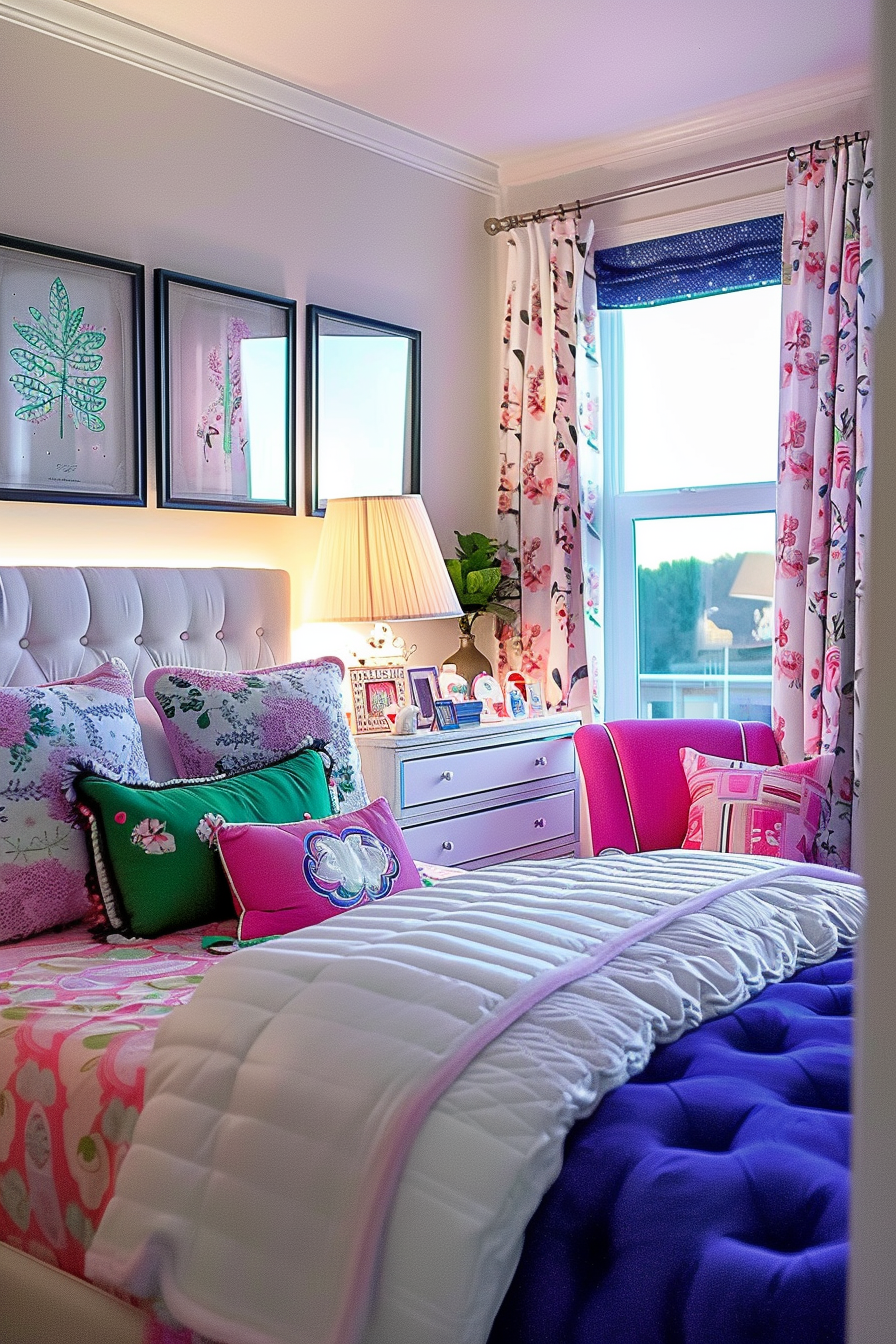 A colorful bedroom with a white tufted headboard, floral curtains, and vibrant pink and green accents.