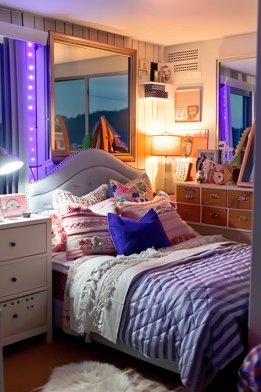Alt-text: A cozy bedroom at dusk with ambient lighting, decorated with a variety of pillows, a striped duvet, and furnishings against a window.