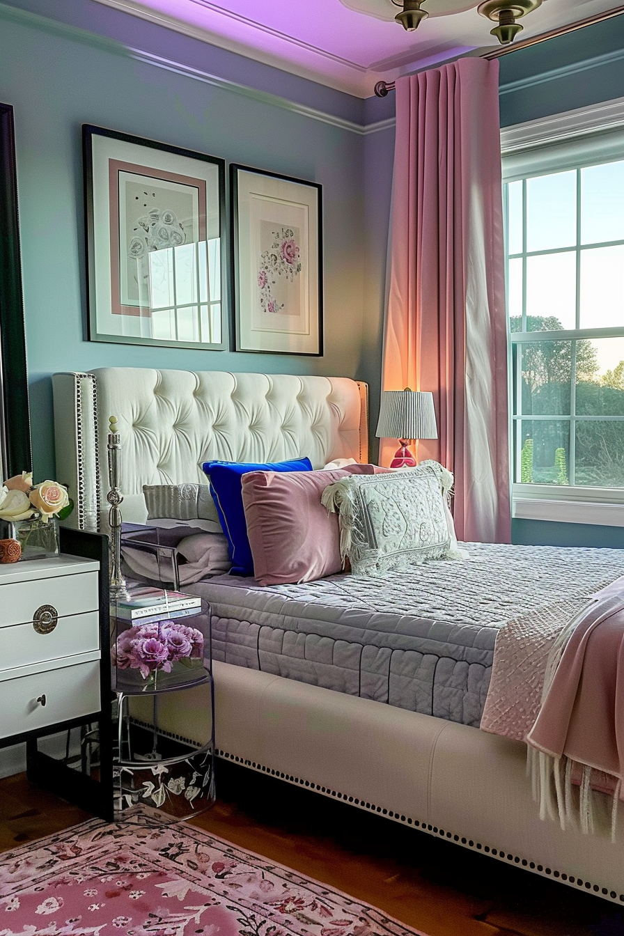 Elegant bedroom with a tufted headboard, pastel color scheme, decorative pillows, artwork on walls, and natural lighting from a large window.