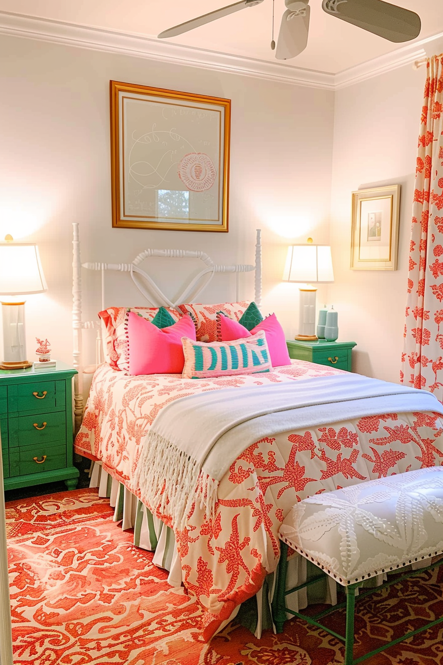 A bright bedroom with a white bed adorned with coral patterned bedding, pink pillows, green nightstands, and decorative wall art.