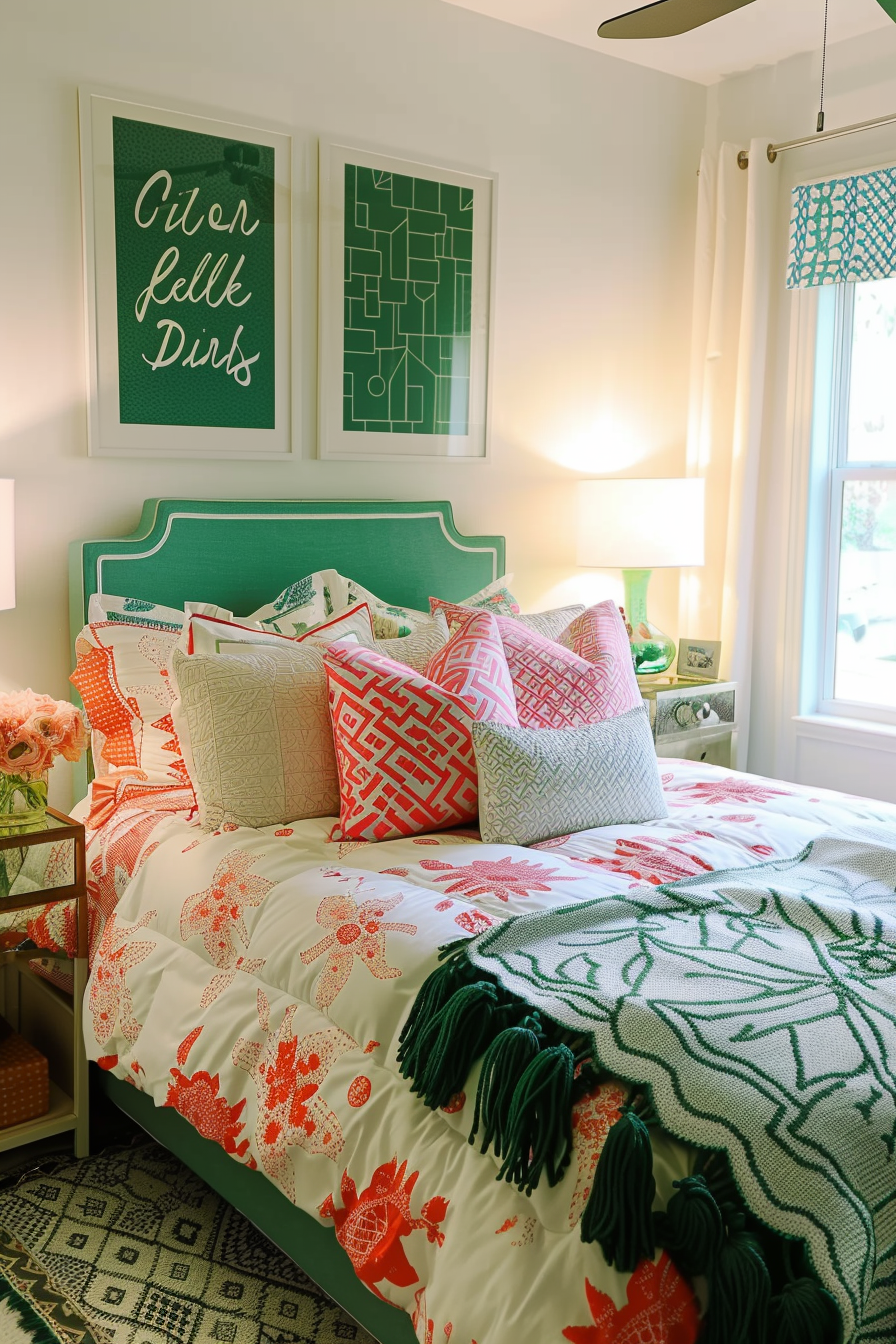 Colorful bedroom with patterned bedding and pillows, green headboard, framed artwork, and a glowing table lamp.