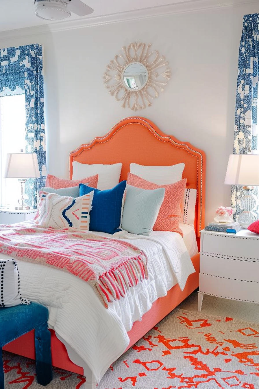 A vibrant bedroom with an orange headboard, patterned blue curtains, and colorful bedding with a mix of pink, blue, and white.