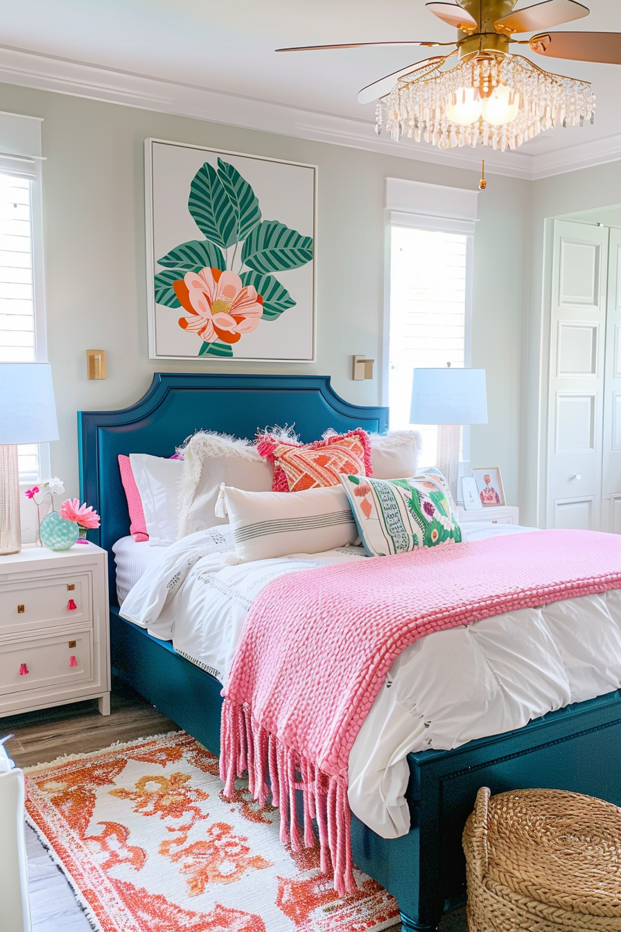 Bright bedroom with a blue bed frame, white bedding, pink accents, a floral art piece above the bed, and a chandelier.