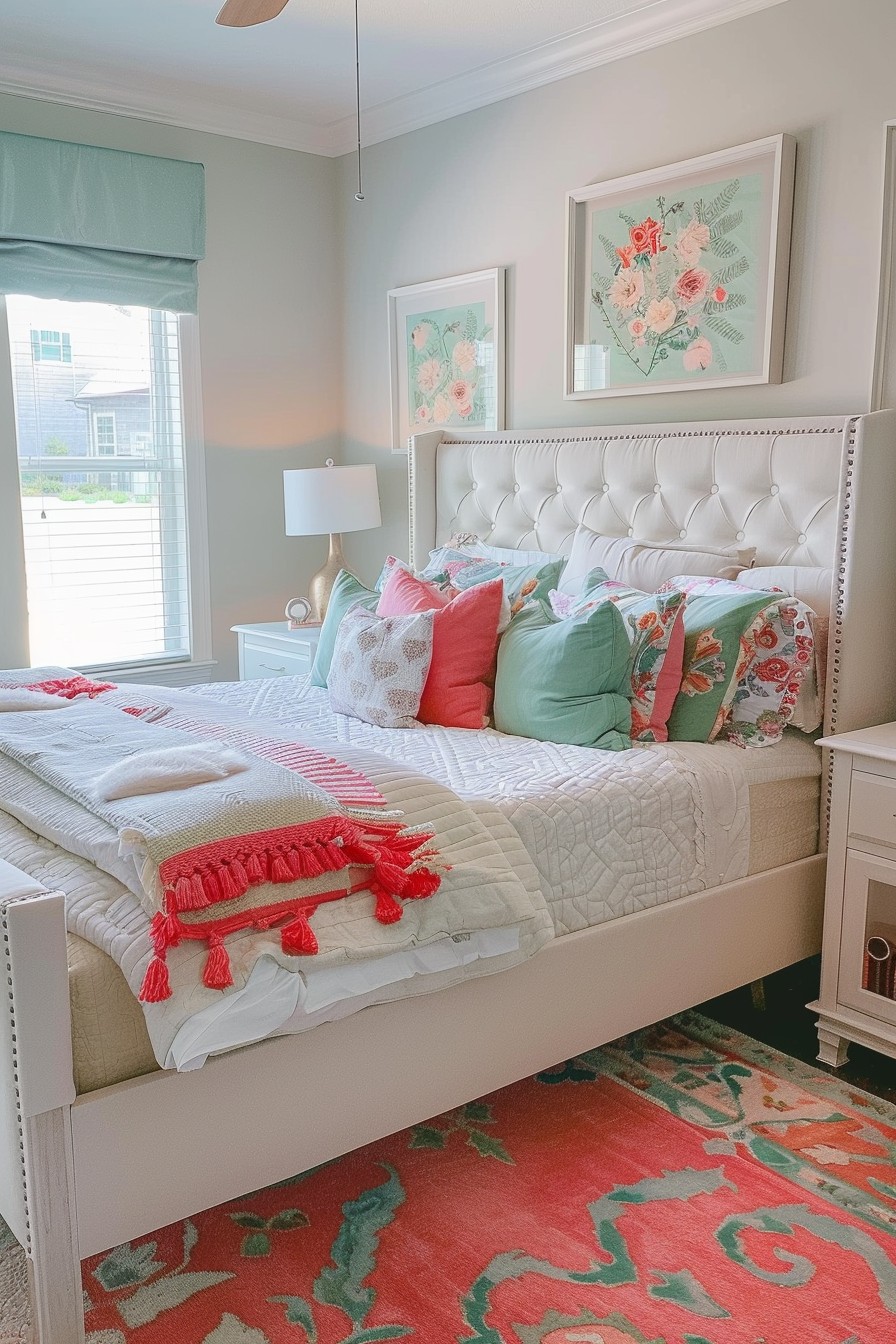 A bright, cozy bedroom with a tufted headboard, colorful throw pillows, floral artwork, and a red patterned rug.