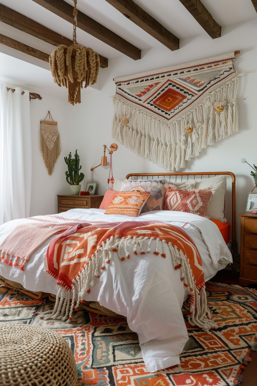 A cozy bedroom with a bohemian style featuring a patterned orange rug, decorative wall hangings, and a bed with colorful textured bedding.