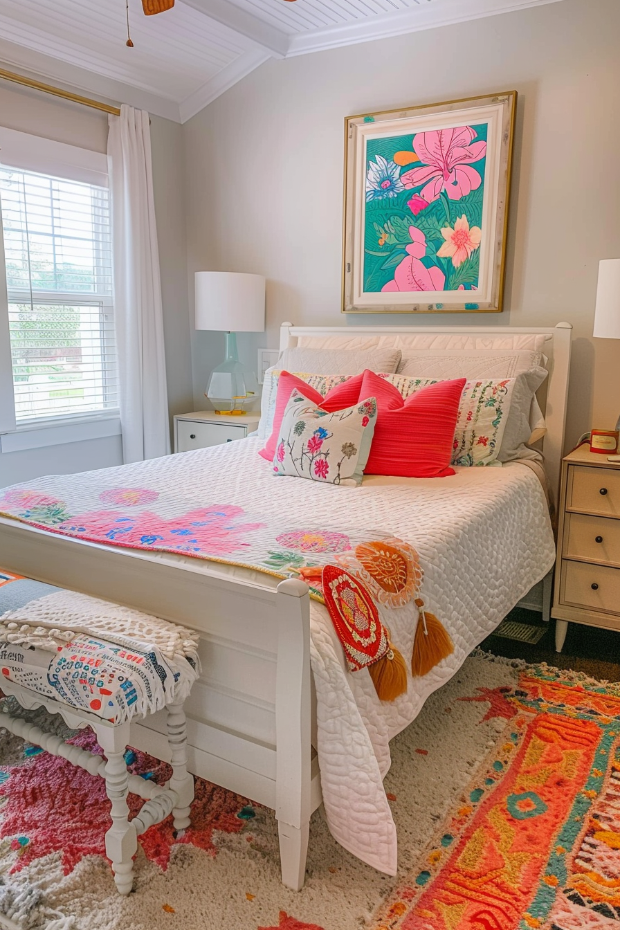 Bright and colorful bedroom with a white bed, patterned bedding, floral artwork, and a multicolored rug.