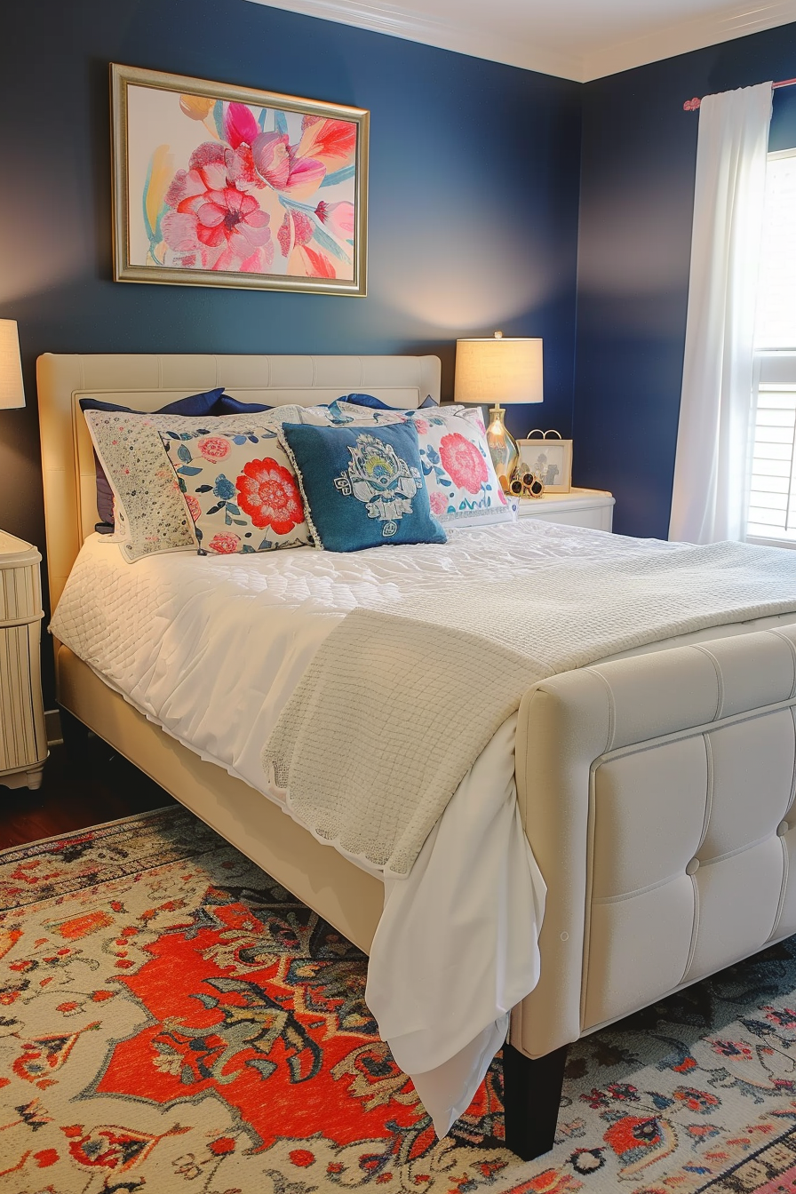 A neatly made bed with white bedding, colorful pillows, set against a navy blue wall with a floral painting above it.