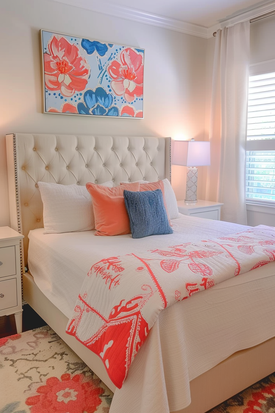 A cozy bedroom with an upholstered headboard, colorful floral artwork, and a patterned bedspread with coordinating pillows.