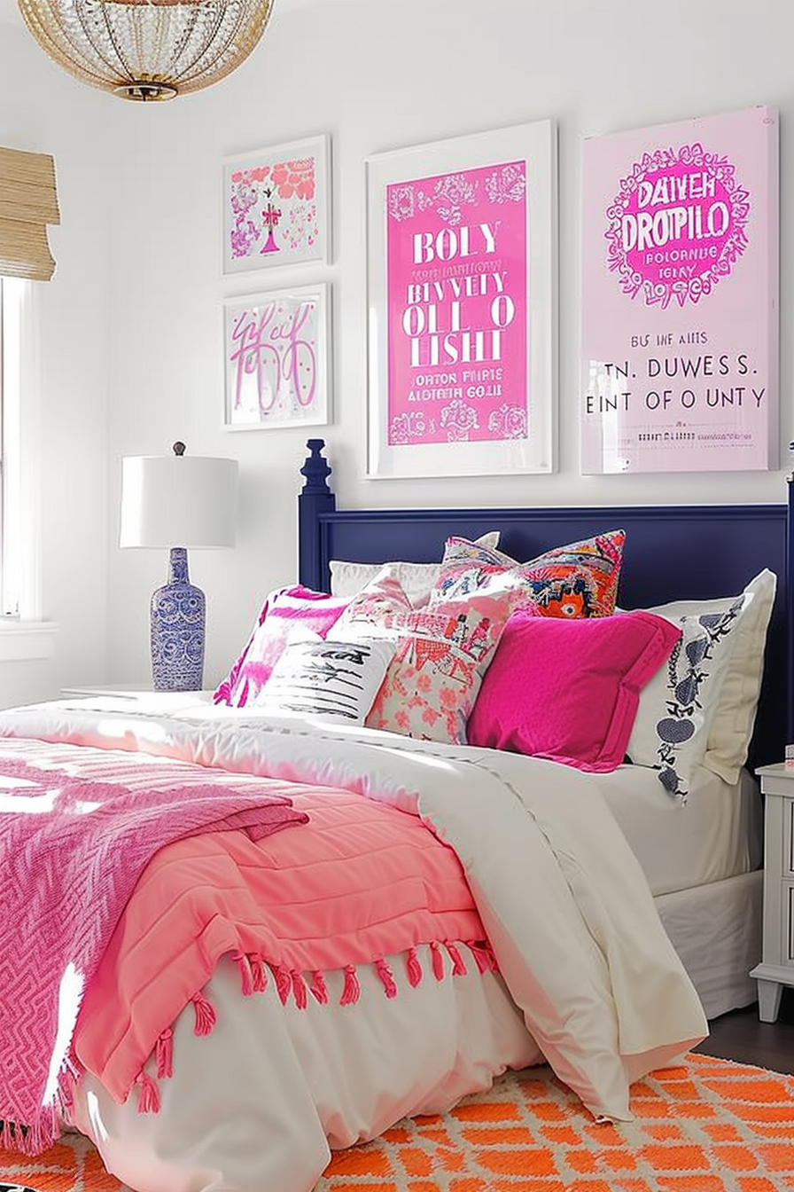 A bright, cozy bedroom with a navy blue headboard, white bedding, pink accents, and colorful wall art.