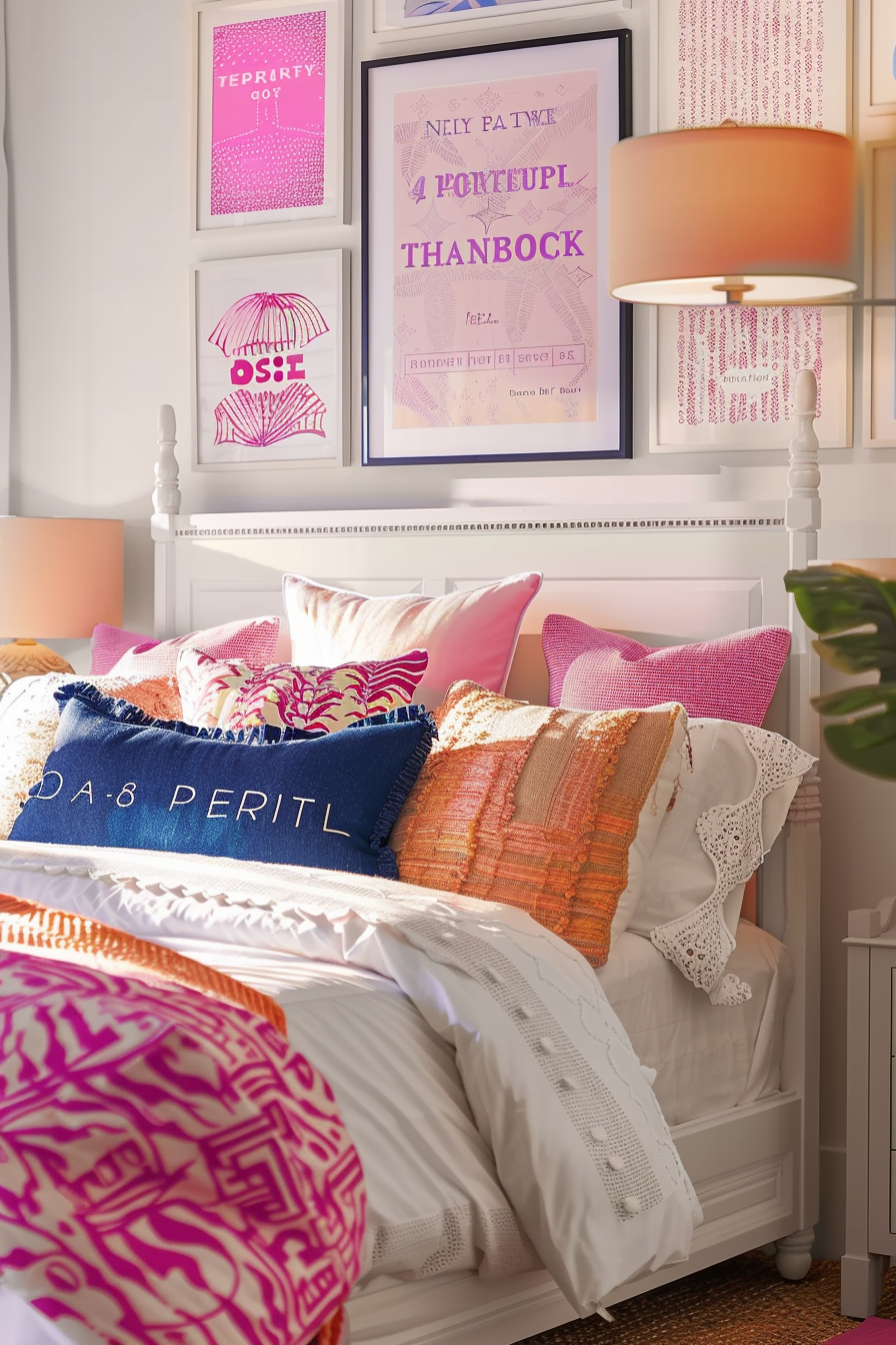 A cozy bedroom corner with a bed adorned with colorful pillows, artwork on the walls, a lamp, and a nightstand.