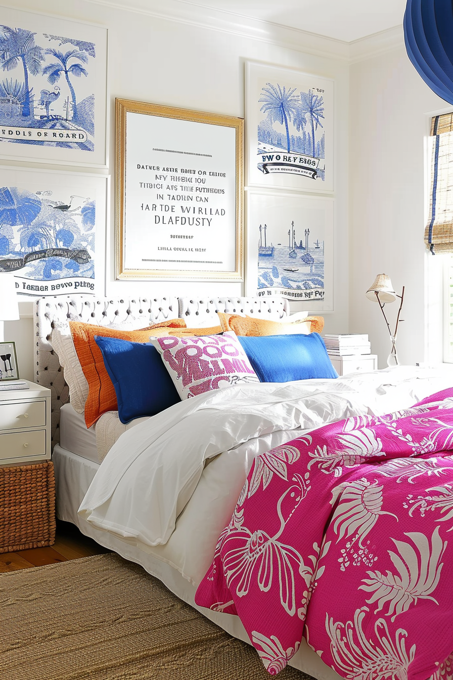 A cozy bedroom with a white and navy theme, adorned with a bright pink floral comforter and an array of decorative pillows.