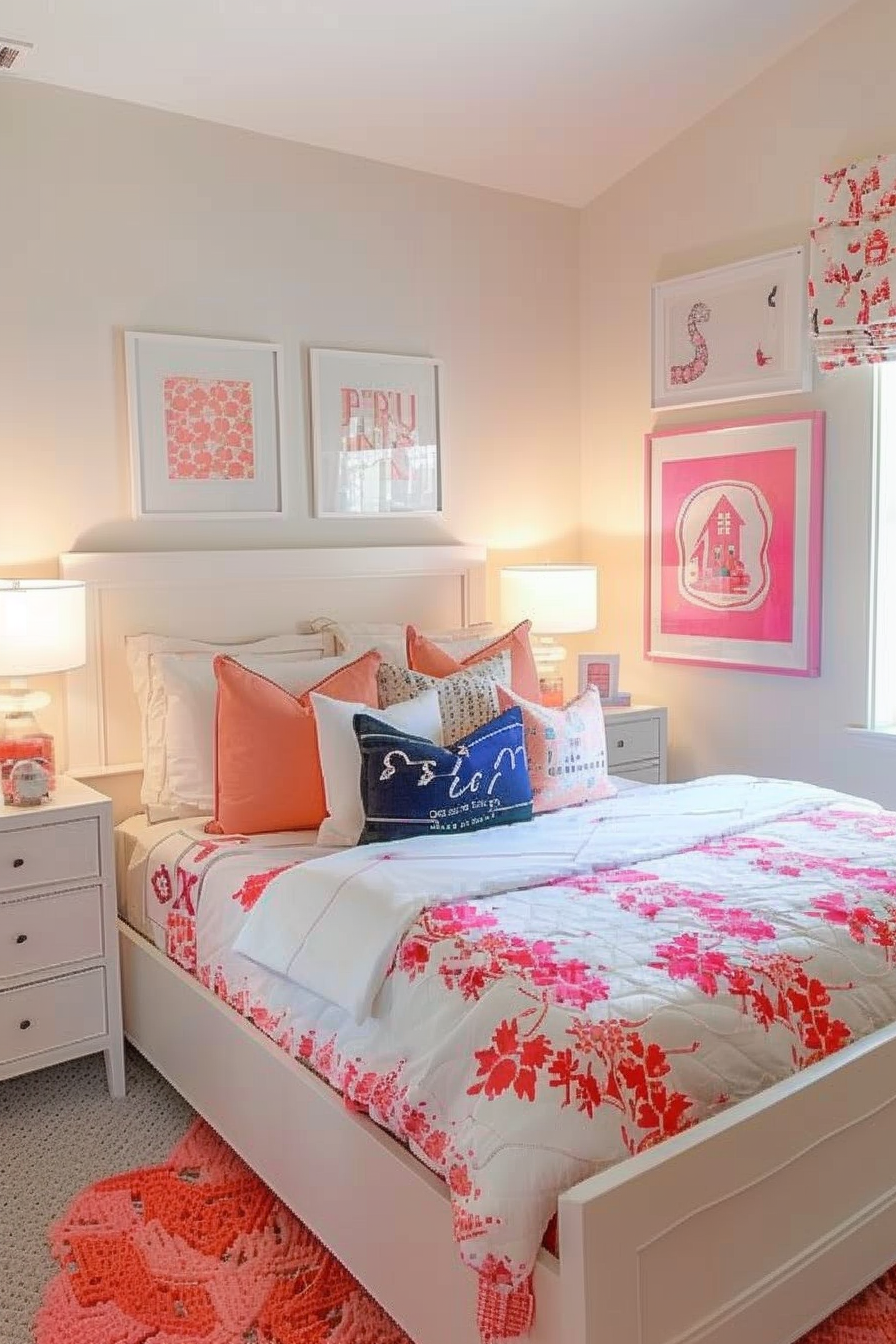 Bright and cozy bedroom with white furniture, coral accents, floral bedding, framed artwork, and a warm, sunny ambiance.