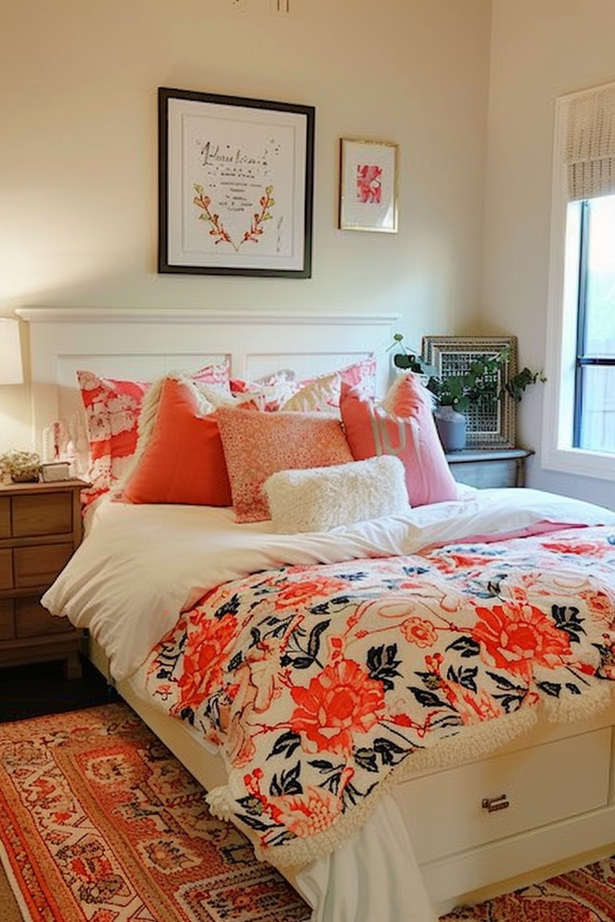 A cozy bedroom with a white bed covered in a floral orange quilt, accented with matching pillows, framed art on the walls, and a patterned rug.