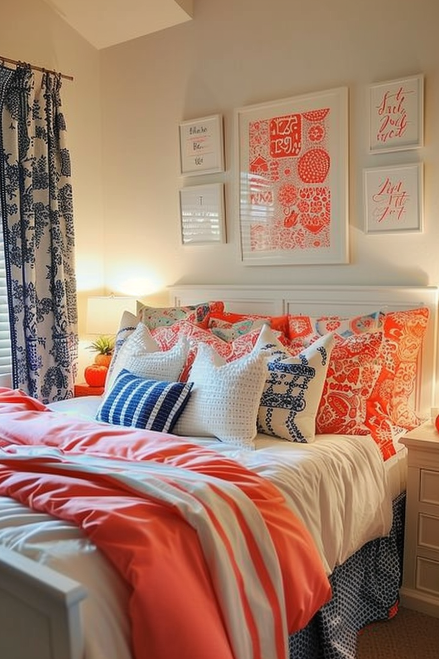 A cozy bedroom with a mix of orange and navy blue bedding and decorative pillows, white walls, and framed artwork.